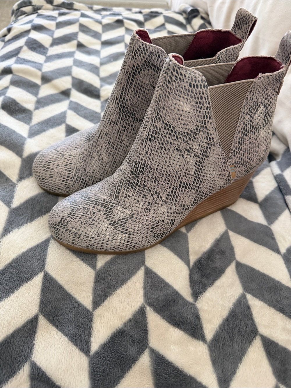 Toms Gray Snake-Print Wedge Ankle Booties